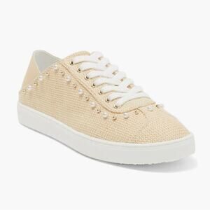 Stuart Weitzman Pearlstud Sneaker/Mule Size 6.5 Natural Embellished Woven New